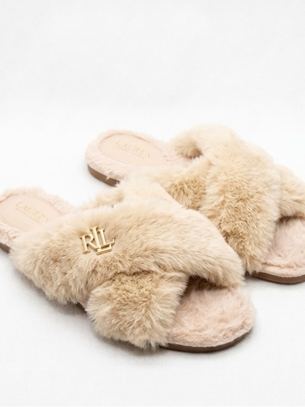 Ralph Lauren Cream Faux Fur Slide Slippers with Gold RL Accent